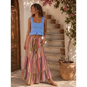 Gypsie Blu Colorful Stripe Tiered Maxi Skirt Boho Tassel Tie S